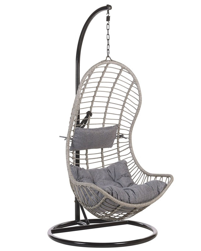 Hanging Chair Grey Rattan Metal Frame Indoor-Outdoor Curved Shape Boho Beliani