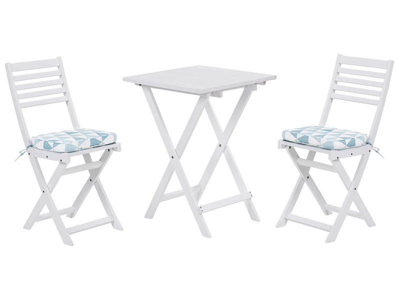 3 Piece Bistro Set White Solid Acacia Wood Blue Cushions Folding Slatted Design Scandinavian Modern Beliani