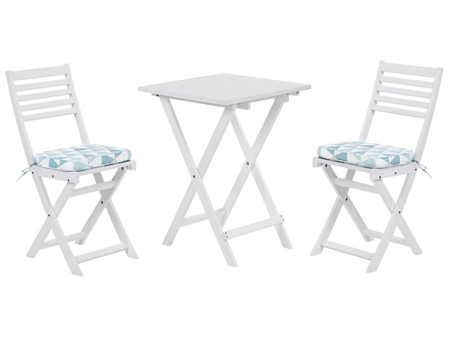 3 Piece Bistro Set White Solid Acacia Wood Blue Cushions Folding Slatted Design Scandinavian Modern Beliani