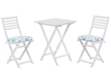 3 Piece Bistro Set White Solid Acacia Wood Blue Cushions Folding Slatted Design Scandinavian Modern Beliani