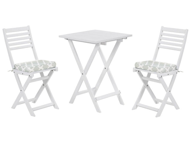 3 Piece Bistro Set White Solid Acacia Wood Mint Green Cushions Folding Slatted Design Scandinavian Modern Beliani