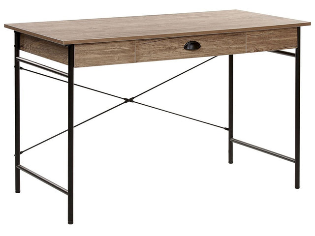 Home Office Desk Dark Wood Tabletop Black Powder Coated Steel Legs 120 x 60 cm with Drawer Modern Industrial Design Beliani