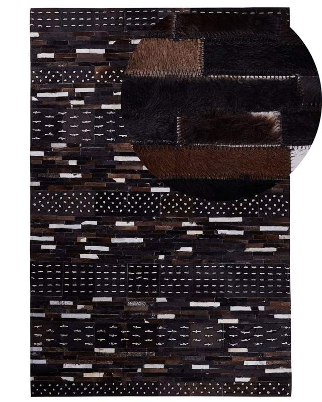 Area Rug Brown Leather with Woolen String 160 x 230 cm Rustic Patchwork Beliani