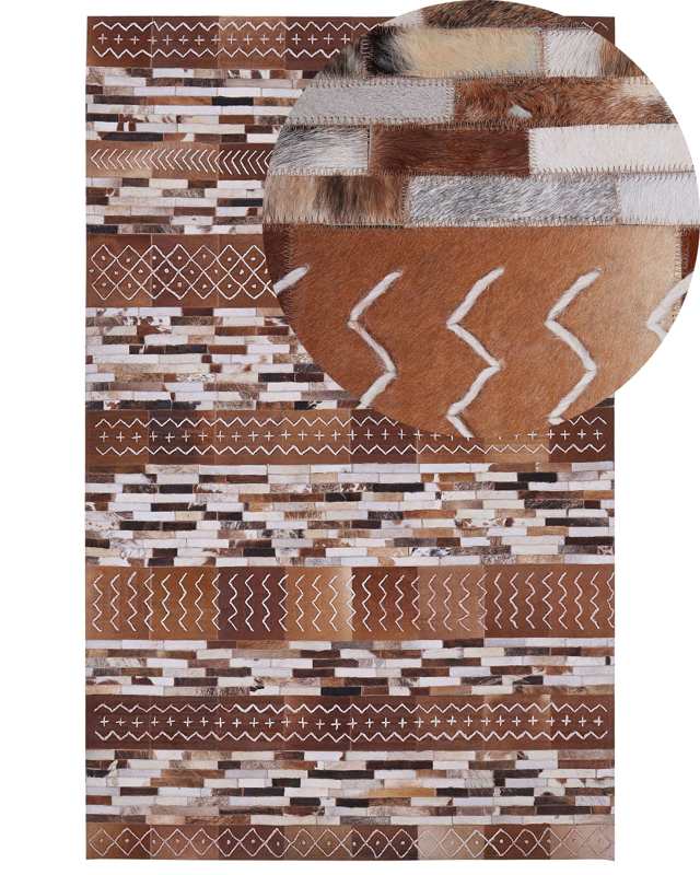 Cowhide Area Rug Brown Hair on Leather Patchwork Striped Scandinavian Patterns 140 x 200 cm Beliani