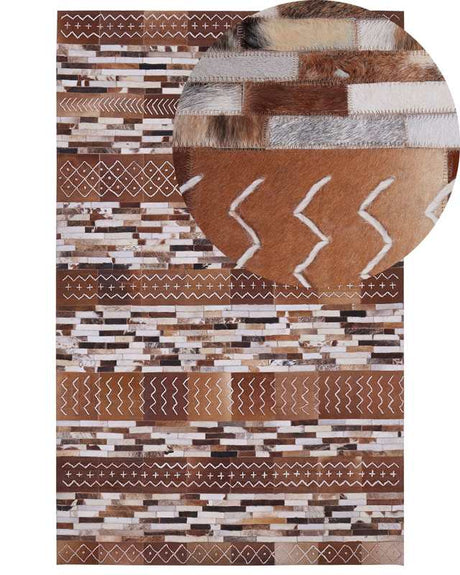 Cowhide Area Rug Brown Hair on Leather Patchwork Striped Scandinavian Patterns 140 x 200 cm Beliani