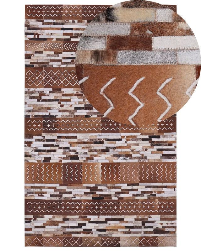 Cowhide Area Rug Brown Hair on Leather Patchwork Striped Scandinavian Patterns 140 x 200 cm Beliani
