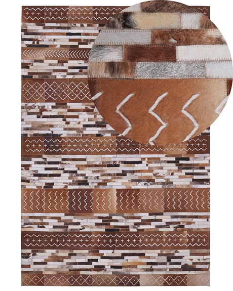 Cowhide Area Rug Brown Hair on Leather Patchwork Striped Scandinavian Patterns 160 x 230 cm Beliani