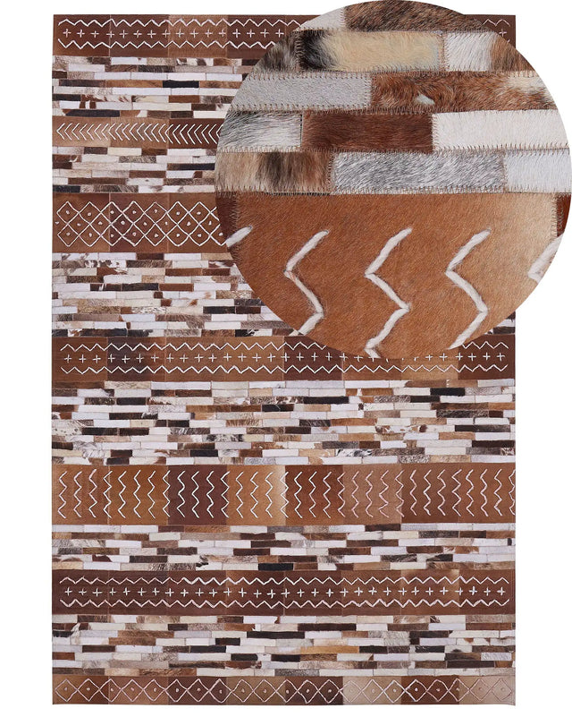 Cowhide Area Rug Brown Hair on Leather Patchwork Striped Scandinavian Patterns 160 x 230 cm Beliani
