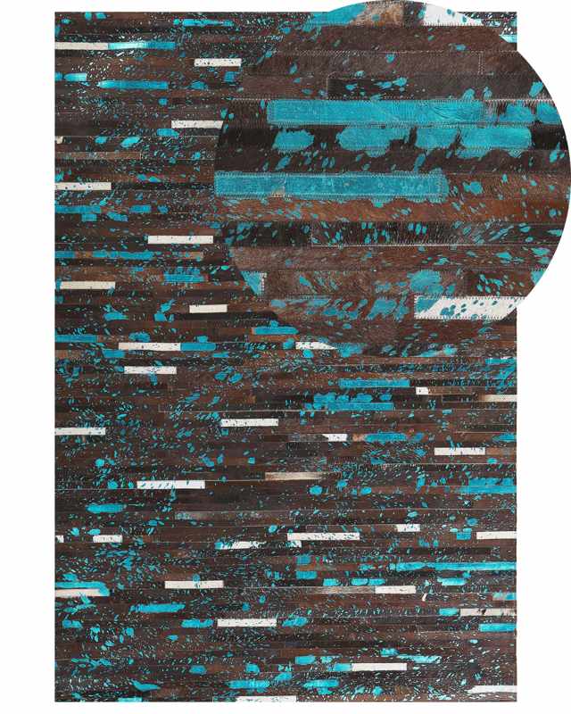 Area Rug Brown and Blue Cowhide Leather 140 x 200 cm Patchwork Striped Surface Beliani