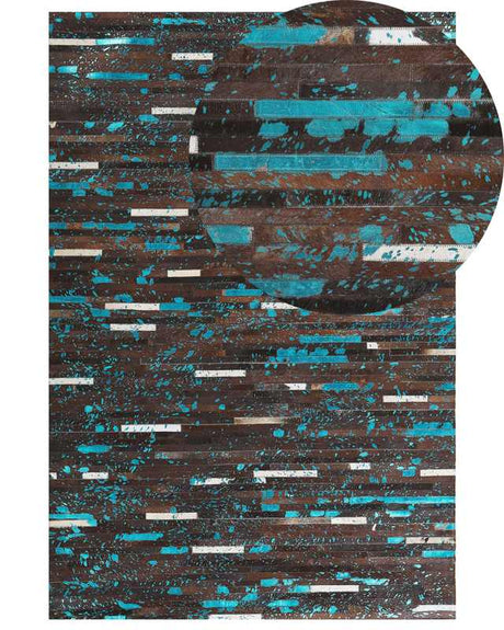 Area Rug Brown and Blue Cowhide Leather 160 x 230 cm Patchwork Striped Surface Beliani