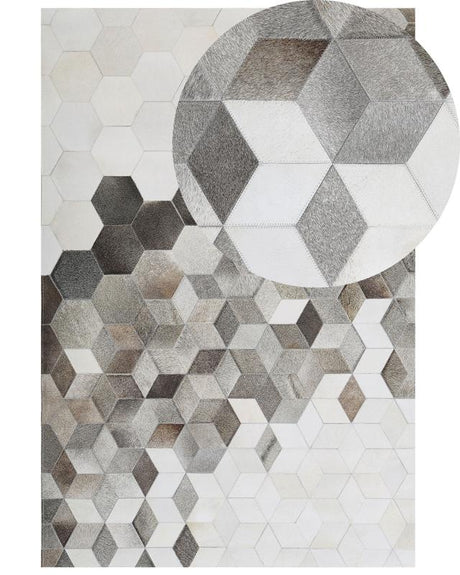 Cowhide Area Rug Grey Hair on Leather Geometric Patchwork Pattern 140 x 200 cm Beliani