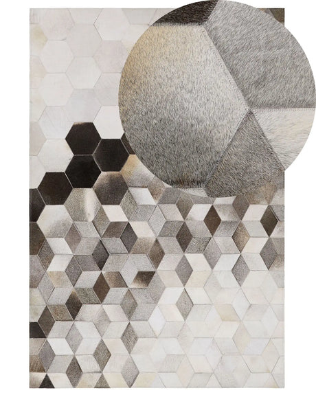 Cowhide Area Rug Grey Hair on Leather Geometric Patchwork Pattern 160 x 230 cm Beliani