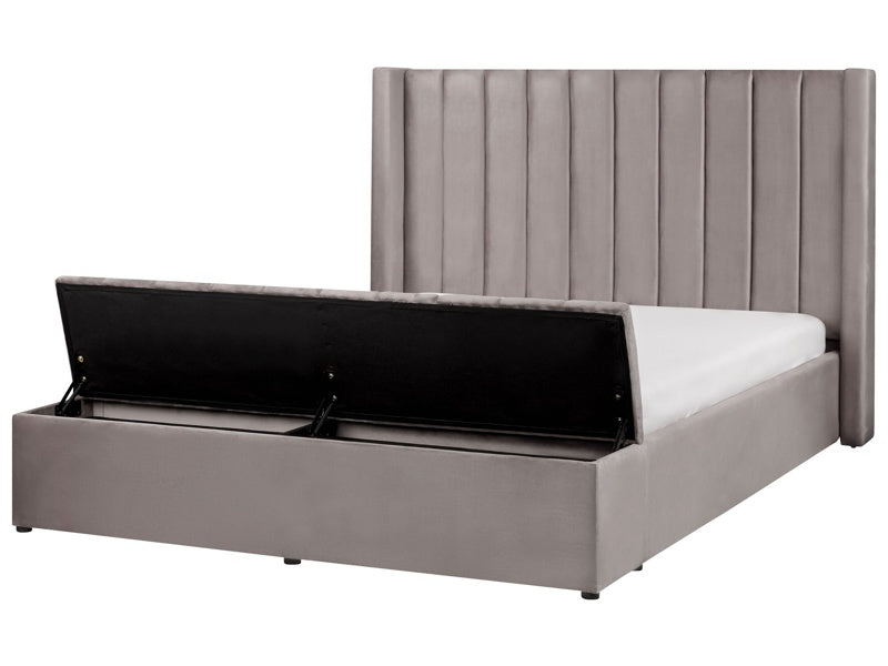 EU King Size Panel Bed Grey Velvet 5ft3 Slatted Base High Headrest with Storage Bench Beliani