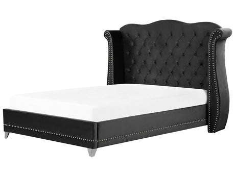 EU Super King Size Bed Black Velvet 6ft Slatted Base Button Tufted Headboard Nailhead Trim Beliani