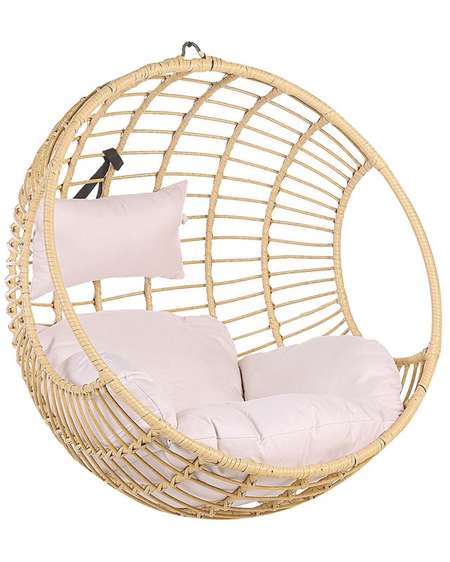 Hanging Chair Beige Rattan Round Wicker Basket without Stand with Cushions Boho Beliani