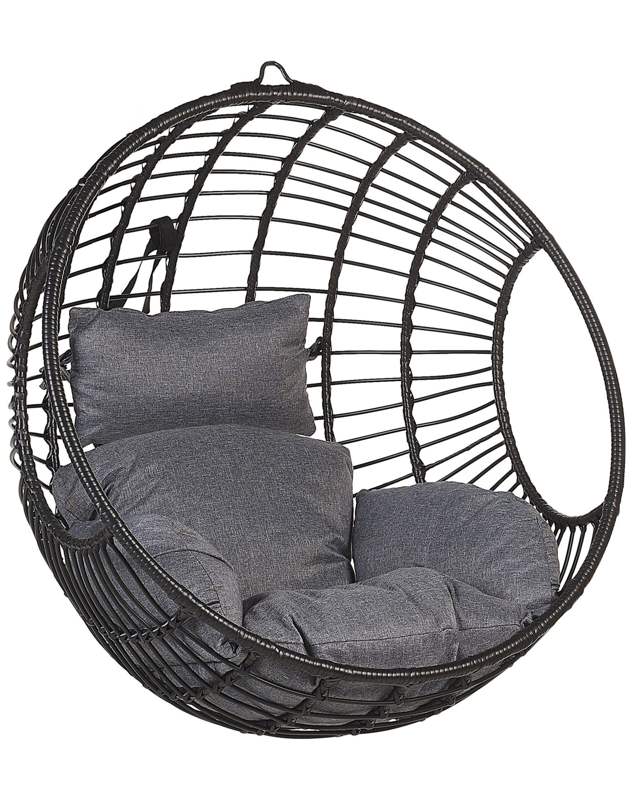 Hanging Chair Black Rattan Round Wicker Basket without Stand with Cushions Boho Beliani