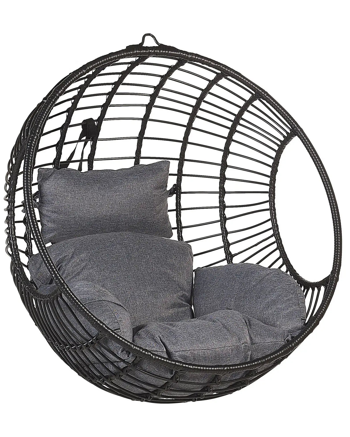 Hanging Chair Black Rattan Round Wicker Basket without Stand with Cushions Boho Beliani