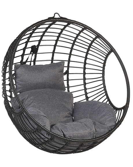 Hanging Chair Black Rattan Round Wicker Basket without Stand with Cushions Boho Beliani