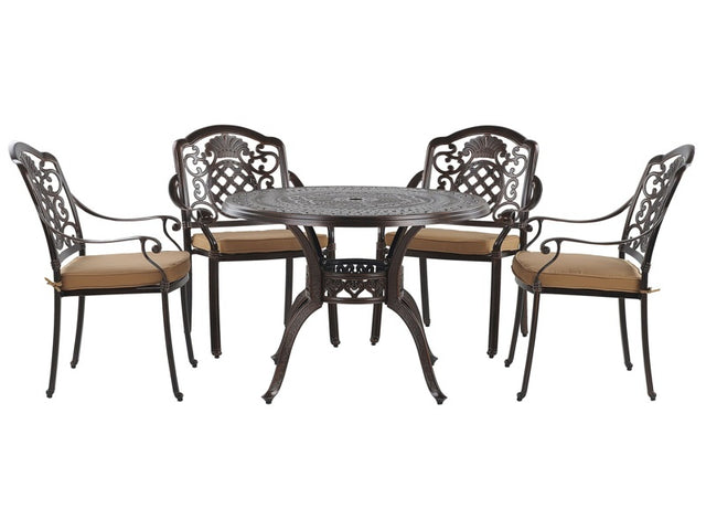 Garden Dining Set Brown Aluminium Outdoor Table 4 Chairs Seat Cushions Retro Style Beliani