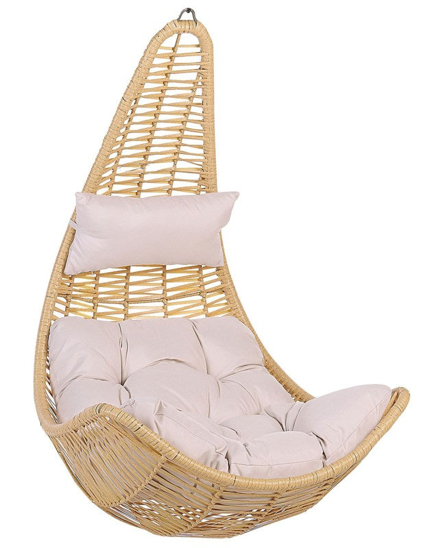 Hanging Chair Beige PE Rattan Swing Egg Shape Ceiling-Mounted Wicker Rustic Boho Beliani