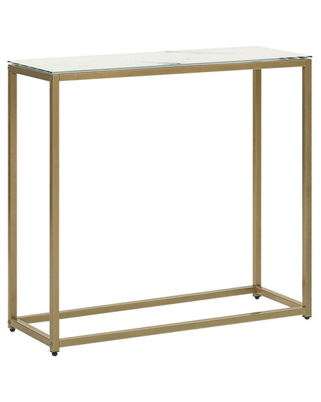 Console Table White Marble Effect Tempered Glass Top Gold Metal Base 80 x 30 cm Glam Modern Living Room Bedroom Hallway Beliani