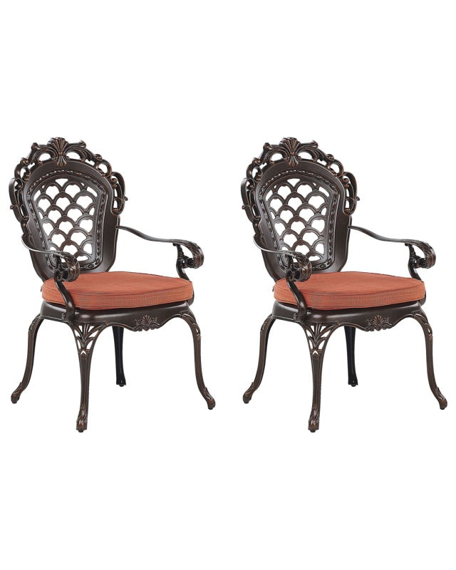 Set of 2 Garden Dining Chairs Brown Aluminium Polyester Seat Pads Vintage Beliani