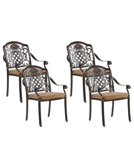 Set of 4 Garden Dining Chairs Brown Aluminium with Seat Cushions Outdoor Retro Style Beliani