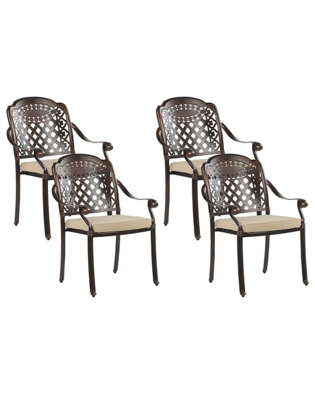 Set of 4 Garden Dining Chairs Brown Aluminium Beige Polyester Seat Pads Vintage Beliani