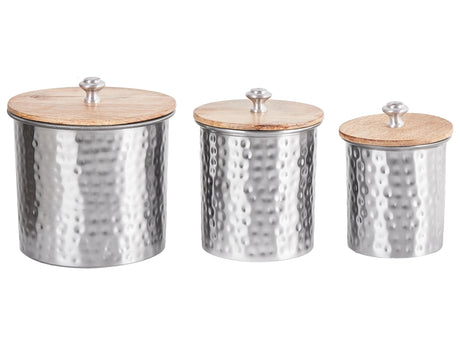 Set of 3 Decorative Containers Silver Aluminium Jars Wooden Lids Storage  Beliani