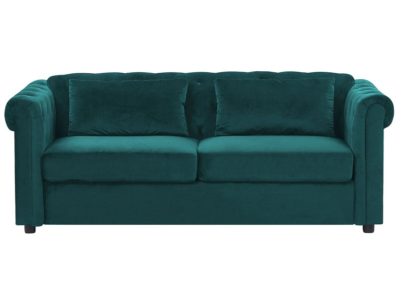 Chesterfield Sofa Bed Green Velvet Fabric Upholstery Dark Wood Legs 3 Seater with Mattress Cushions Contemporary Beliani