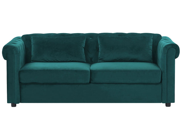 Chesterfield Sofa Bed Green Velvet Fabric Upholstery Dark Wood Legs 3 Seater with Mattress Cushions Contemporary Beliani