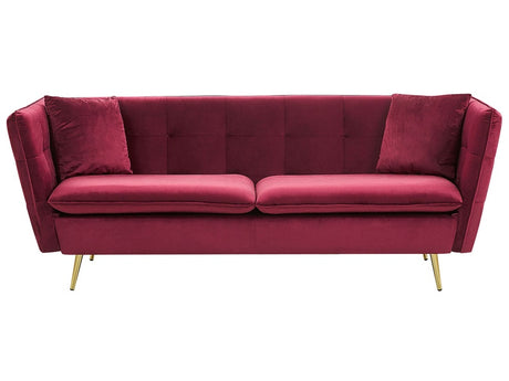 3 Seater Sofa Dark Red Velvet Fabric Upholstery Button Tufted with Gold Legs Beliani