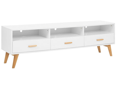 TV Stand White with Light Wood 55 x 180 x 40 cm Media Unit with Shelves and Drawers Beliani