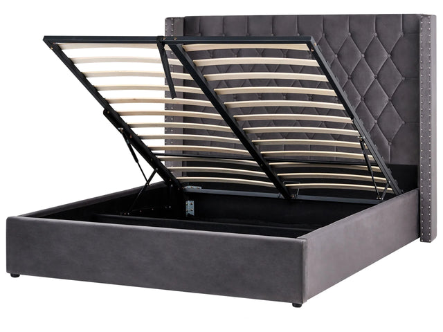 Bed Frame with Storage Grey Velvet Upholstered 5ft3 EU King Size High Headboard Beliani