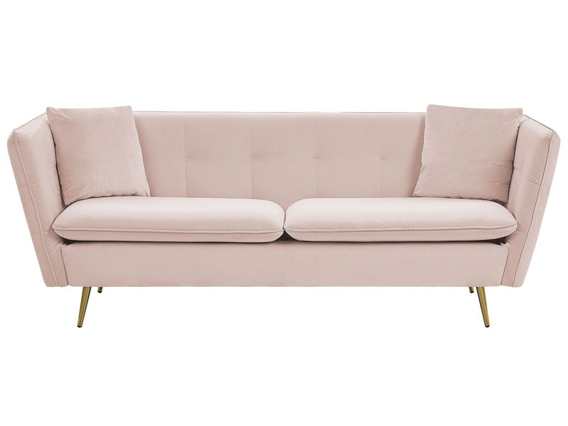 3 Seater Sofa Pink Velvet Fabric Upholstery Button Tufted with Gold Legs Beliani