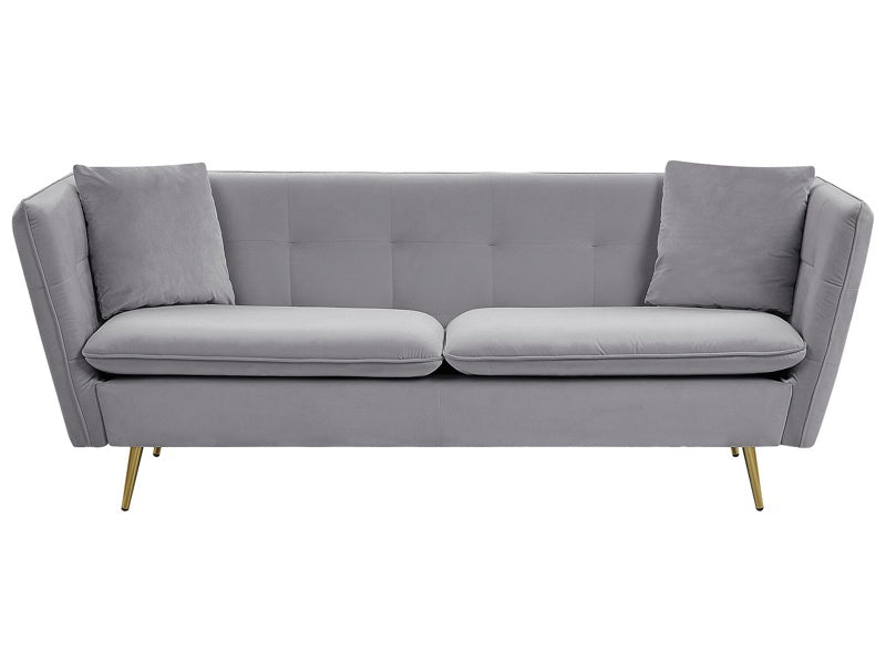 3 Seater Sofa Grey Velvet Fabric Upholstery Button Tufted with Gold Legs Beliani