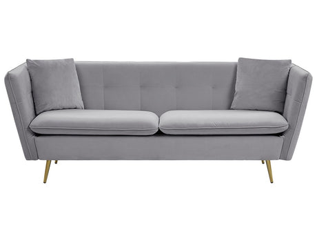 3 Seater Sofa Grey Velvet Fabric Upholstery Button Tufted with Gold Legs Beliani