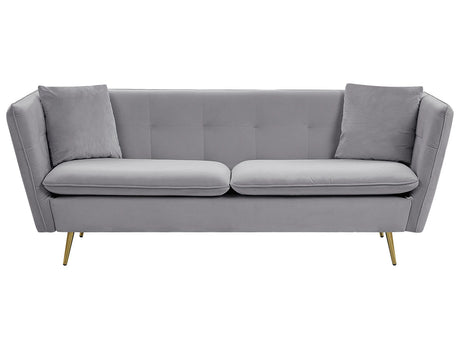 3 Seater Sofa Grey Velvet Fabric Upholstery Button Tufted with Gold Legs Beliani