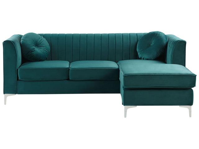 Corner Sofa Green Velvet Upholstered 3 Seater Left Hand L-Shaped Glamour Additional Pillows Beliani