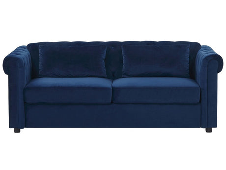 Chesterfield Sofa Bed Blue Velvet Fabric Upholstery 3 Seater  Pull-Out with Mattress Contemporary Beliani