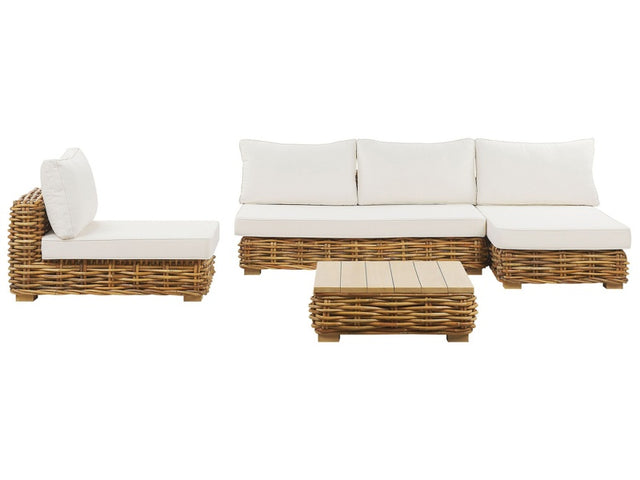 Garden Conversation Set Brown Rattan White Cushions Outdoor Sofa Set with Coffee Table Beliani