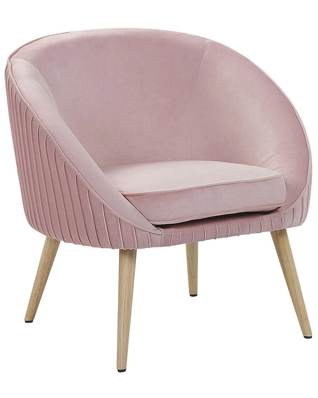 Armchair Pink Velvet Recessed Arms Wooden Legs Retro Beliani