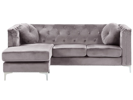 Corner Sofa Grey Velvet Upholstered 3 Seater Right Hand L-Shaped Glamour Additional Pillows with Tufting and Nailhead Trims Beliani