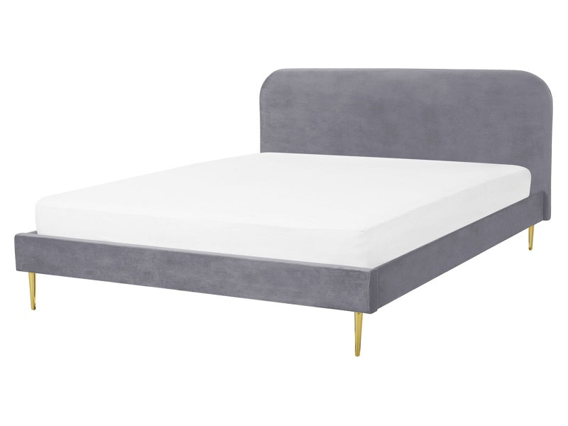 Bed Grey Velvet Upholstery EU King Size Golden Legs Headboard Slatted Frame 5.3 ft Minimalist Design Beliani