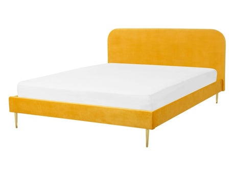 Bed Yellow Velvet Upholstery EU Double Size Golden Legs Headboard Slatted Frame 4.6 ft Minimalist Design Beliani