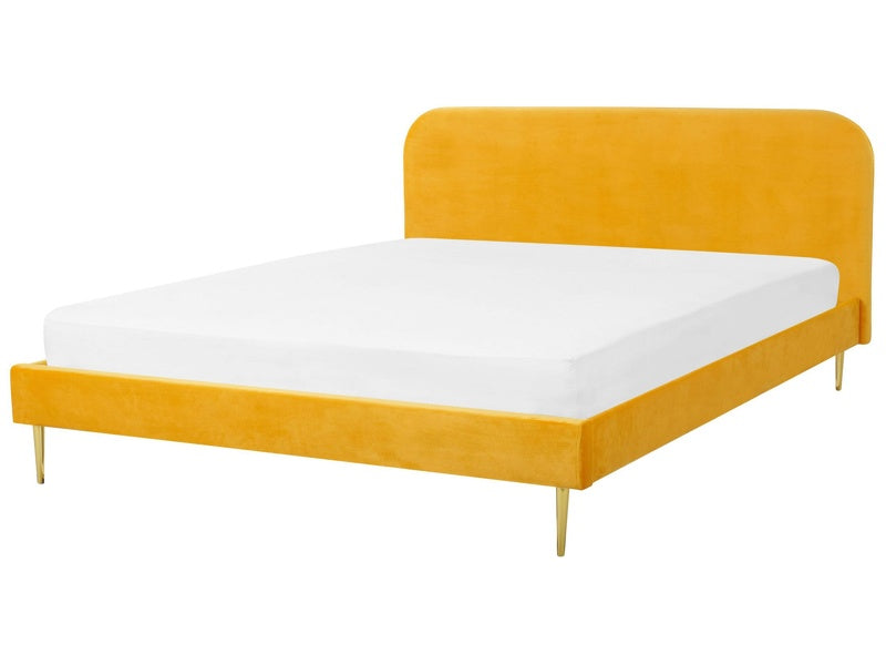 Bed Yellow Velvet Upholstery EU Super King Size Golden Legs Headboard Slatted Frame 6 ft Minimalist Design Beliani