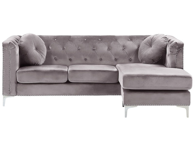 Corner Sofa Grey Velvet Upholstered 3 Seater Left Hand L-Shaped Glamour Additional Pillows with Tufting and Nailhead Trims Beliani