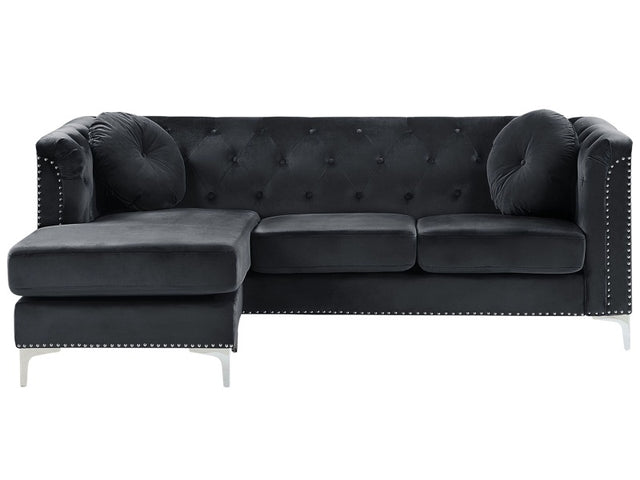 Corner Sofa Black Velvet Upholstered 3 Seater Right Hand L-Shaped Glamour Additional Pillows with Tufting and Nailhead Trims Beliani