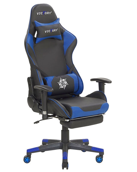 Gaming Chair Black and Blue Faux Leather Swivel Adjustable Armrests and Height Footrest Modern Beliani