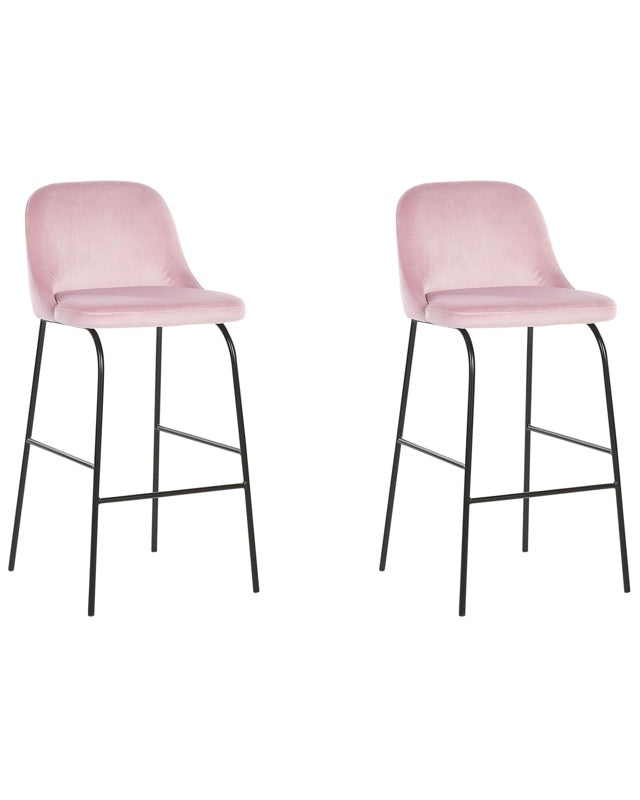 Set of 2 Bar Stool Pink Velvet Upholstery Black Metal Legs Industrial Beliani